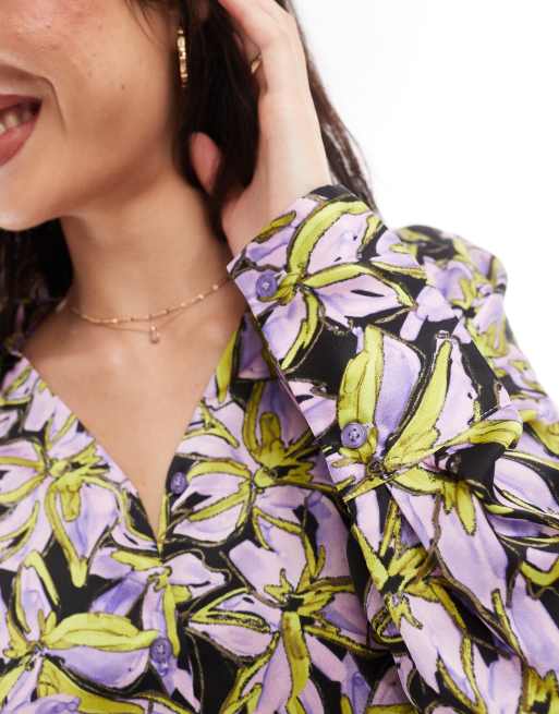 Vero Moda satin open collar shirt in purple print | ASOS