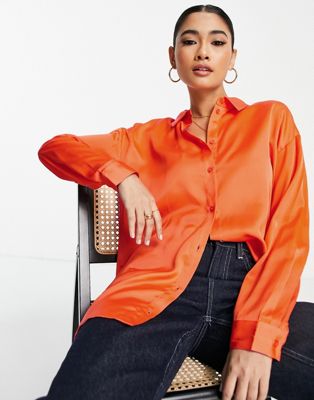 Vero Moda satin oversized shirt co-ord in bright orange