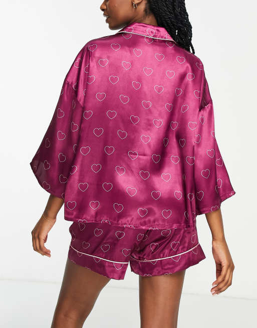 Vero Moda satin pajama set in burgundy heart print ASOS