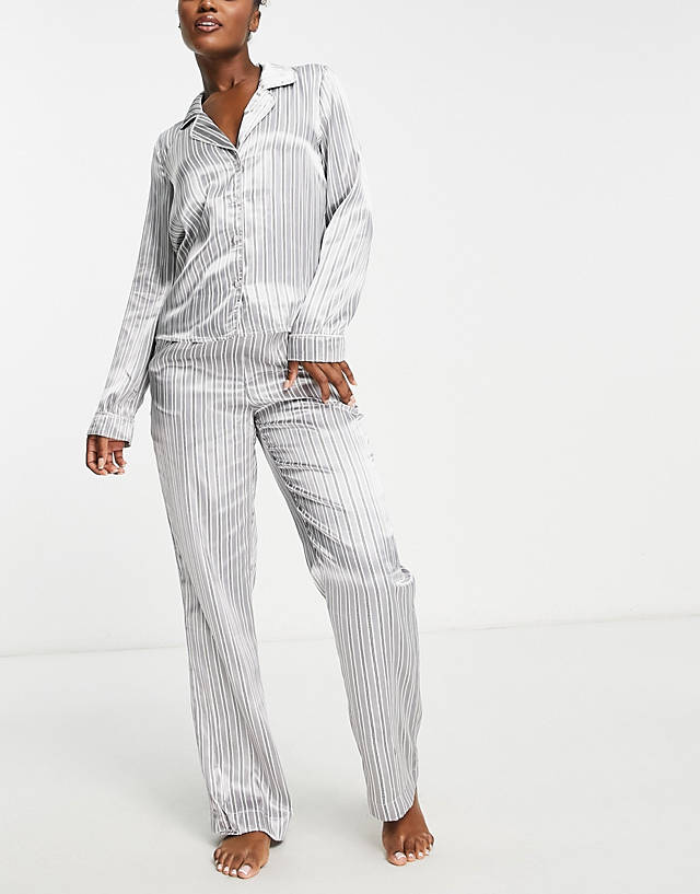 Vero Moda - satin pinstripe pyjama shirt and trouser set in grey
