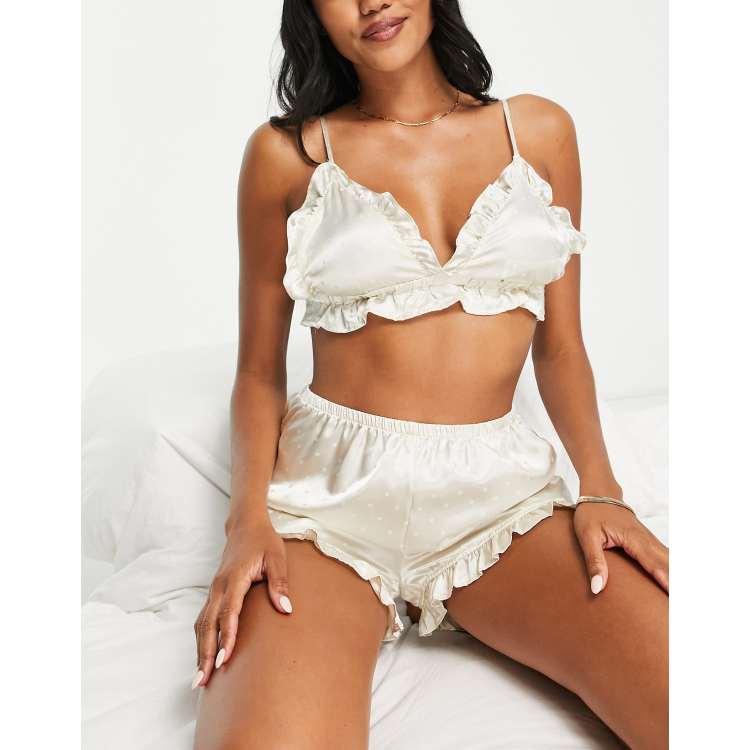 Ruffle Satin Bralette and Shorts Pyjama Set