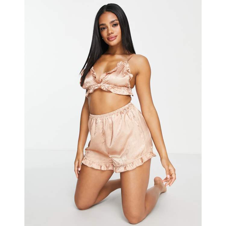 ASOS DESIGN satin bralette, pant and robe pajama set in chocolate