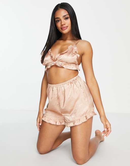 Ivory Ruffle Hem Satin Bralette & Shorts Pj Set