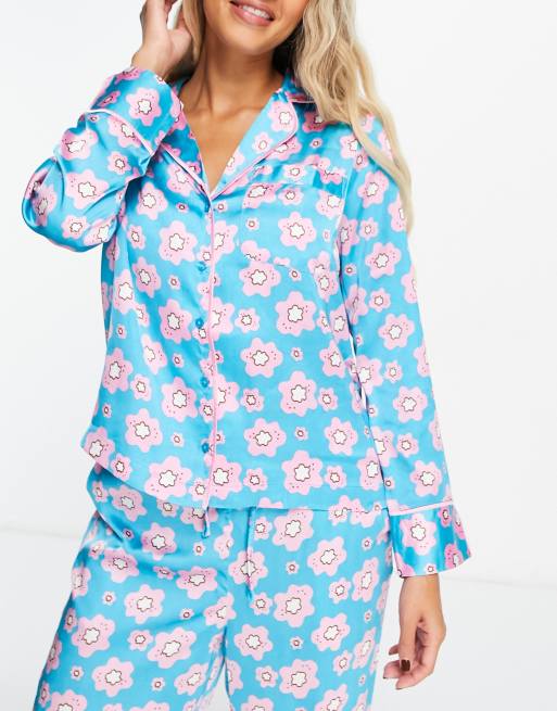 Vero Moda satin pyjama shirt and trouser set in blue print