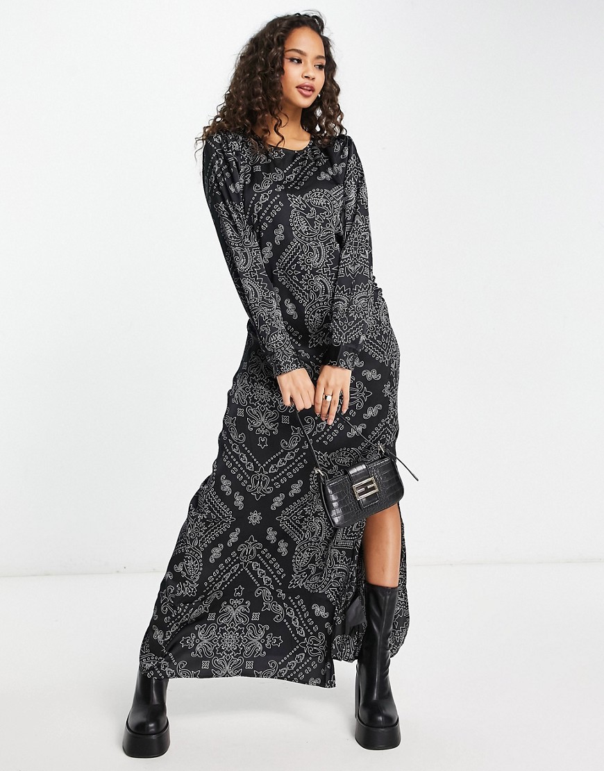 Vero Moda satin ruched maxi dress with split in black paisley print