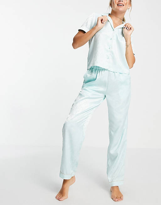 Lingerie & Nightwear Vero Moda satin shirt and trouser pyjama set in mint ditsy floral 