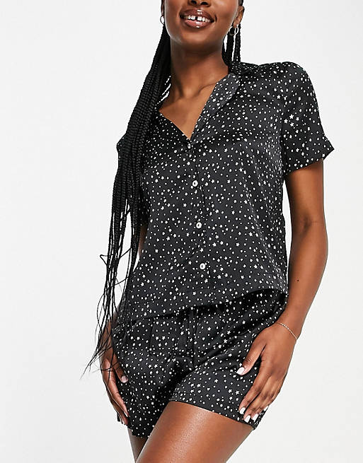 Vero Moda satin shirt set in black star print