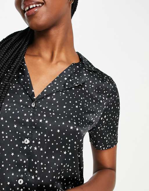 Vero Moda satin shirt set in black star print, 3 of 4