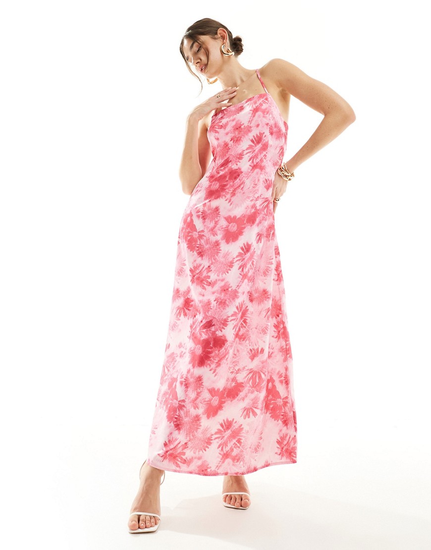 Vero Moda satin square neck maxi slip dress in pink daisy print