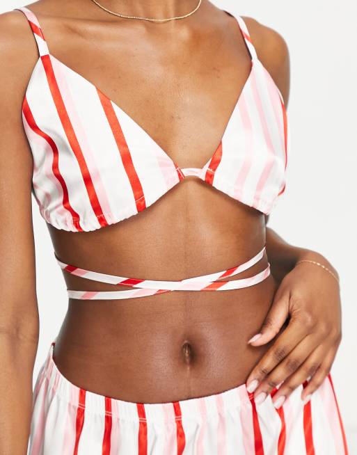 Pink Stripe Satin Bralette 3 Piece Pj Set