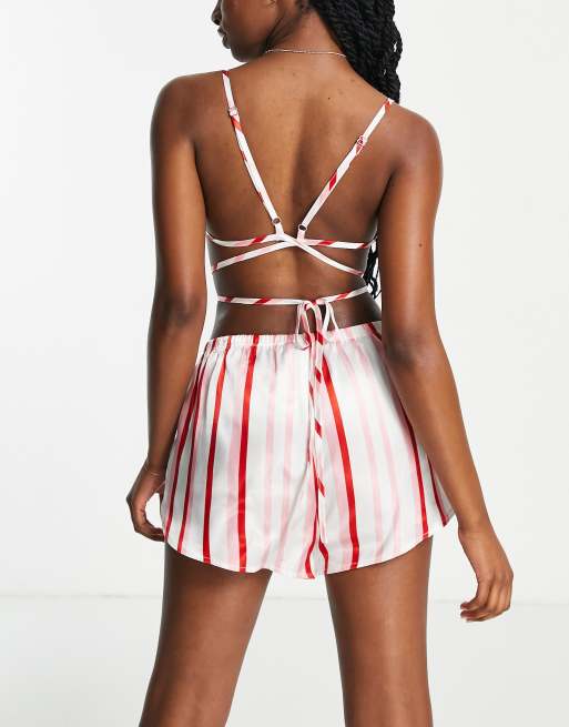 Vero Moda satin strap detail pyjama set in pink & white stripe, 2 of 4