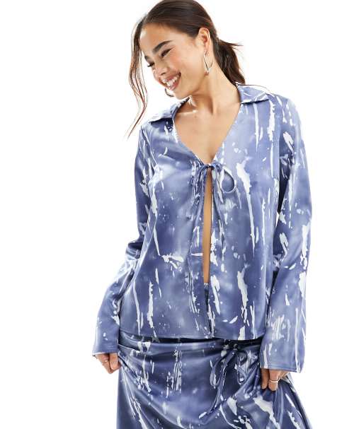 Vero Moda satin tie front open shirt in blue crinkle print - part of a set - view 1