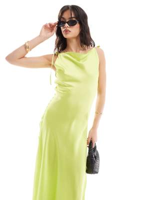 Vero Moda Satin Tie Shoulder Maxi Slip Dress With Seam Detail In Lime-green