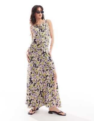 Shop Vero Moda Satin Tie Shoulder Maxi Slip Dress With Seam Detail In Purple