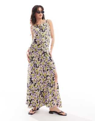 Vero Moda satin tie shoulder maxi slip dress with seam detail in purple print