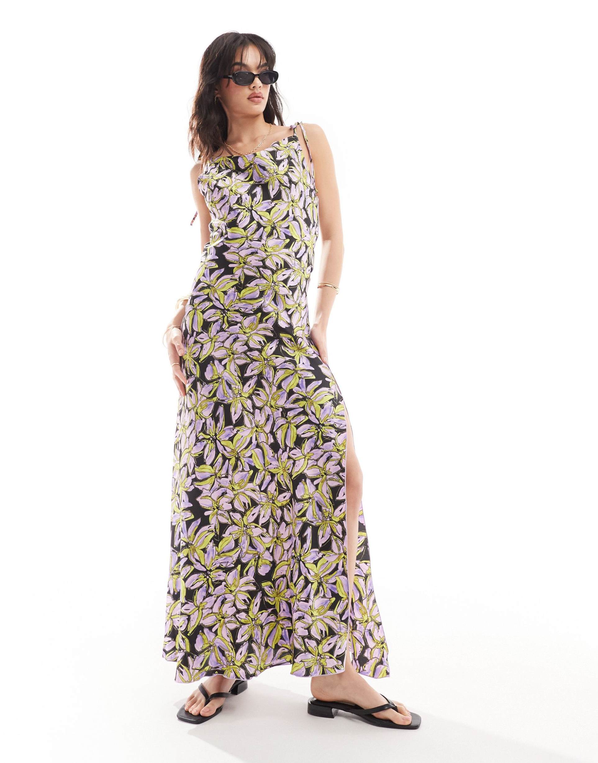 vero moda satin tie shoulder maxi slip dress with seam detail in purple print