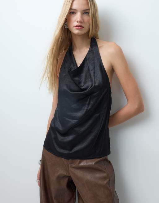 Vero Moda Satin-Top mit Neckholder und Wasserfallausschnitt in Schwarz, 2 von 4