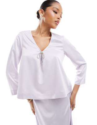 satin top with embellished bow in lavender blue-Purple