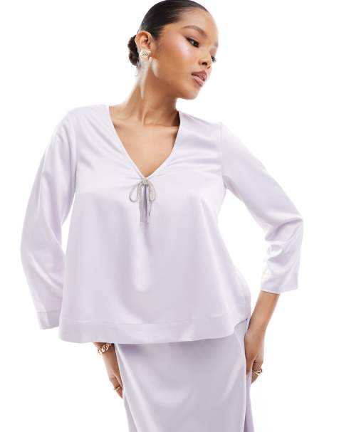 Vero Moda satin top with embellished bow in lavender blue - view 1