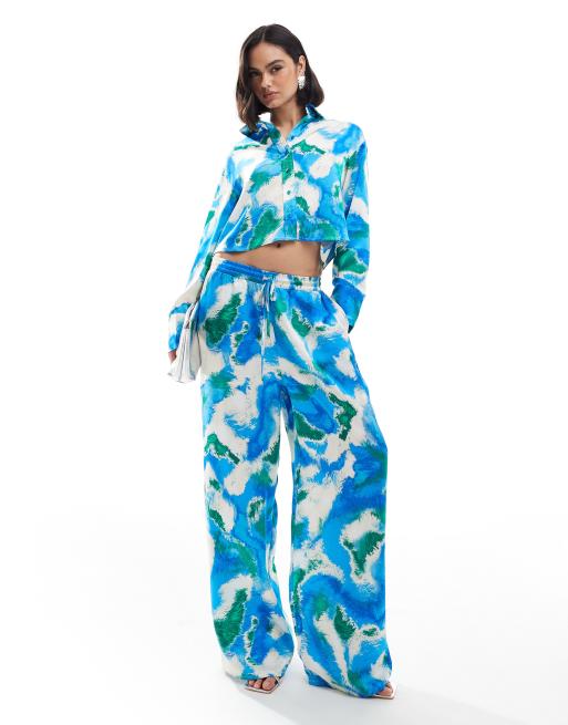 Vero Moda satin wide leg pants in blue abstract print (part of a set)