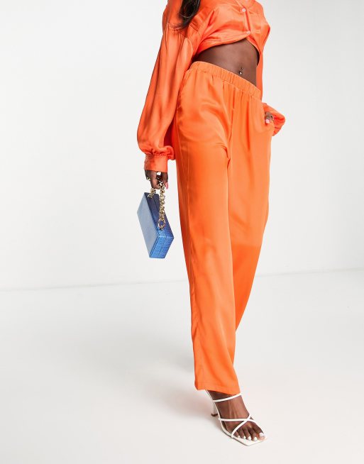 Bright Orange Plisse High Waist Wide Leg Pants