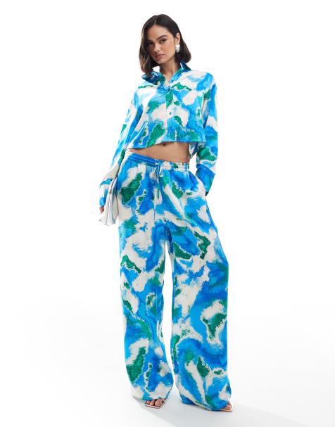 Vero Moda satin wide leg trouser co-ord in blue abstract print - view 1