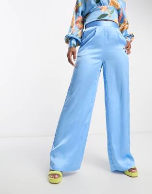 Vero Moda satin wide leg trouser co-ord in blue
