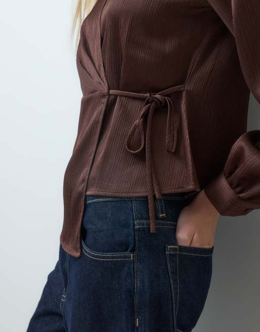 Vero Moda satin wrap front blouse with tie in coffee brown, 4 of 4
