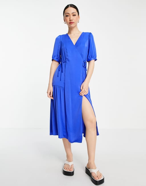 Vero Moda satin wrap midi dress with tie sides in blue