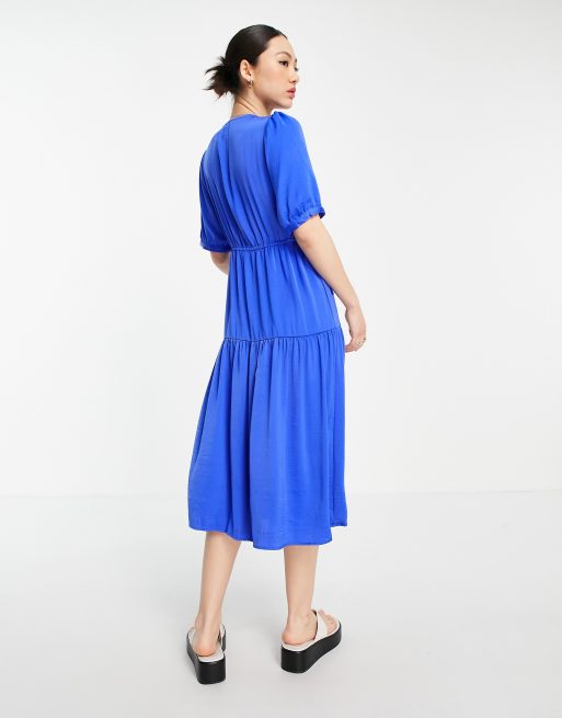 Vero Moda satin wrap midi dress with tie sides in blue