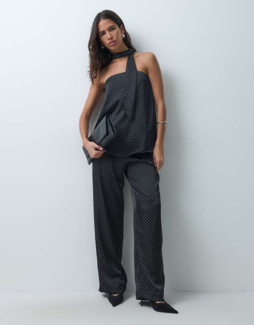 Vero Moda scarf detail badeau top co-ord in black with white spots, 3 of 4