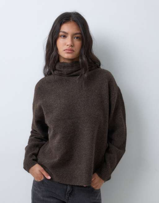 Vero Moda scarf detail high neck jumper in chocolate brown, 4 of 5
