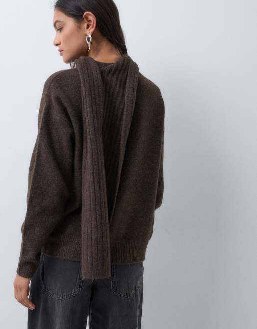 Vero Moda scarf detail high neck jumper in chocolate brown, 5 of 5