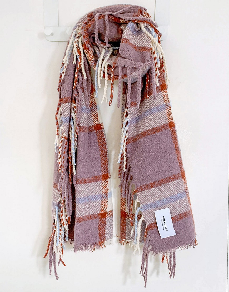 Vero Moda scarf with tassels in purple plaid