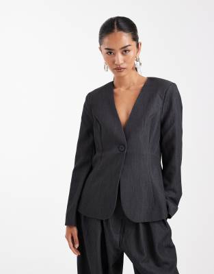 Vero Moda - Schlichter, eleganter Blazer ohne Kragen in Dunkelgrau meliert, Kombiteil