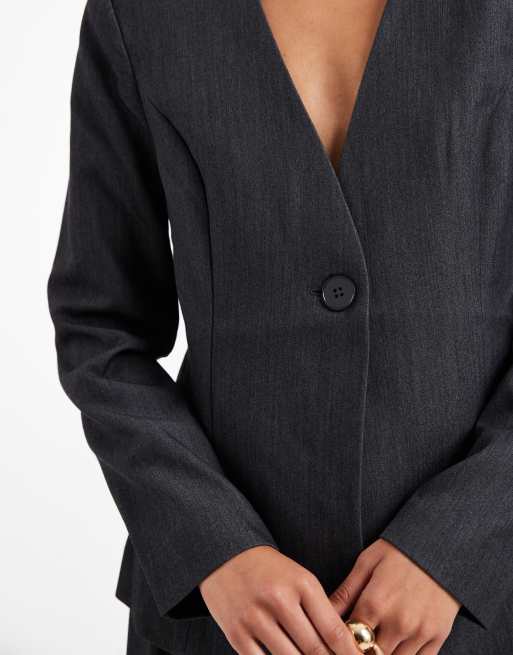 Vero Moda – Schlichter, eleganter Blazer ohne Kragen in Dunkelgrau meliert, Kombiteil, 2 von 4