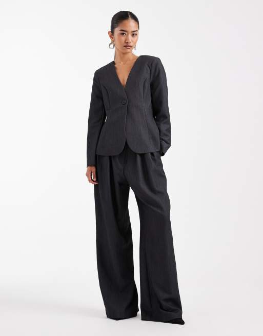 Vero Moda – Schlichter, eleganter Blazer ohne Kragen in Dunkelgrau meliert, Kombiteil, 3 von 4