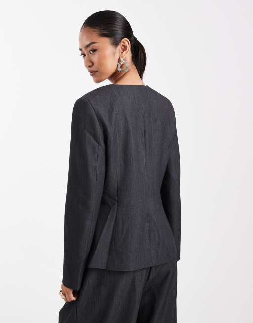 Vero Moda – Schlichter, eleganter Blazer ohne Kragen in Dunkelgrau meliert, Kombiteil, 4 von 4