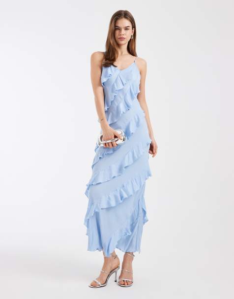 Vero Moda - Schuingesneden maxi jurk met bandjes en ruches in lichtblauw - view 1