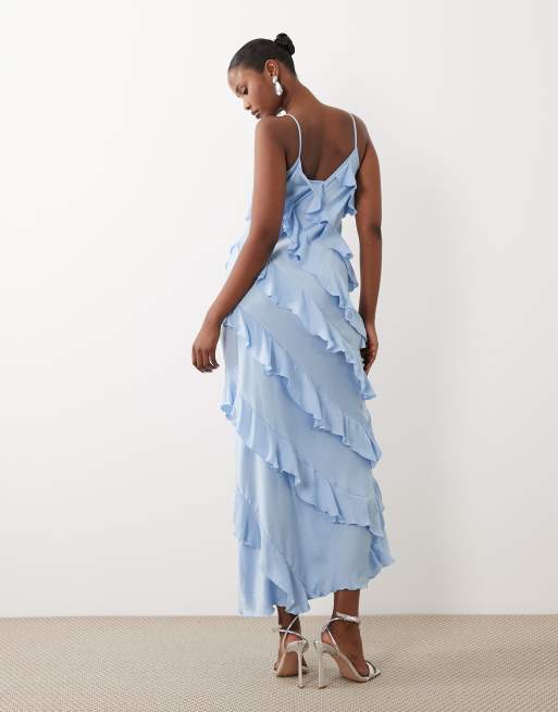 Vero Moda - Schuingesneden maxi jurk met bandjes en ruches in lichtblauw, 3 van 4