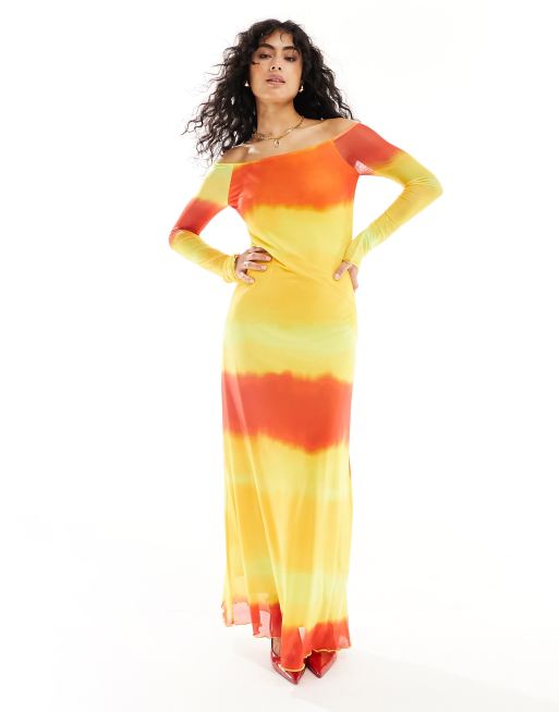 Vero Moda – Schulterfreies Kleid aus Netzstoff in Sunset-Streifenmuster mit Farbverlauf