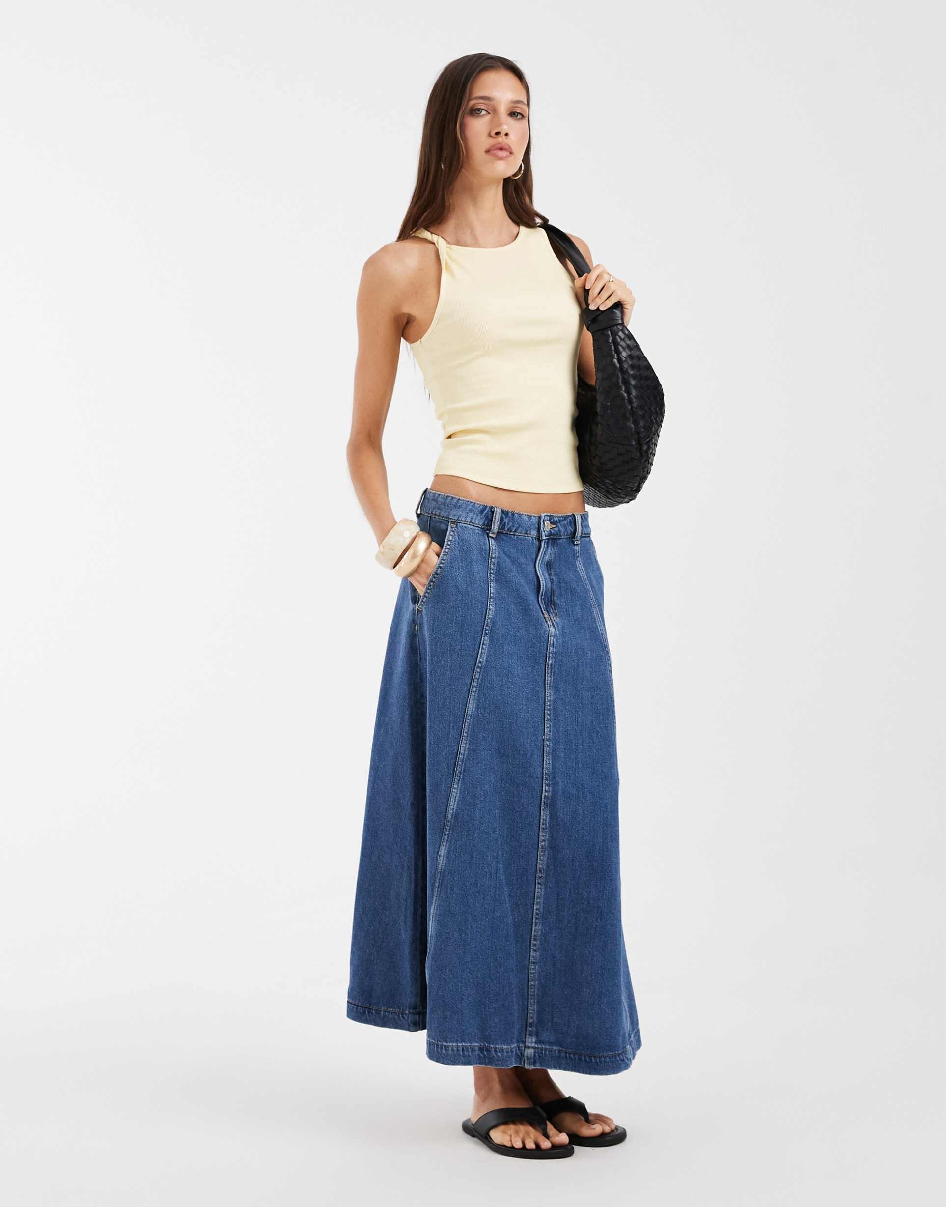 vero moda seam detail a-line denim maxi skirt in medium blue
