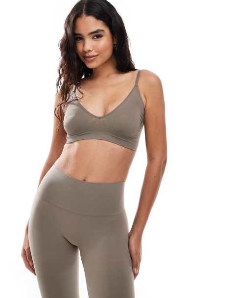 Vero Moda seamless deep v bra top co-ord in taupe brown - view 1