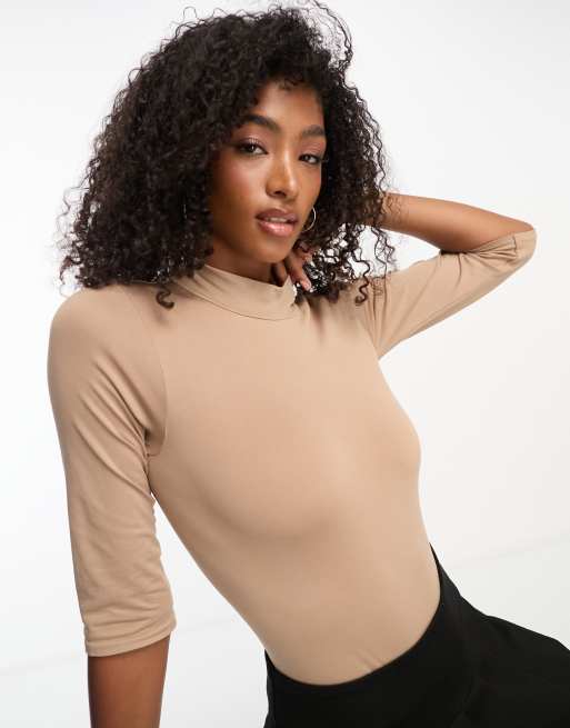 Beige High Neck Seamless Bodysuit