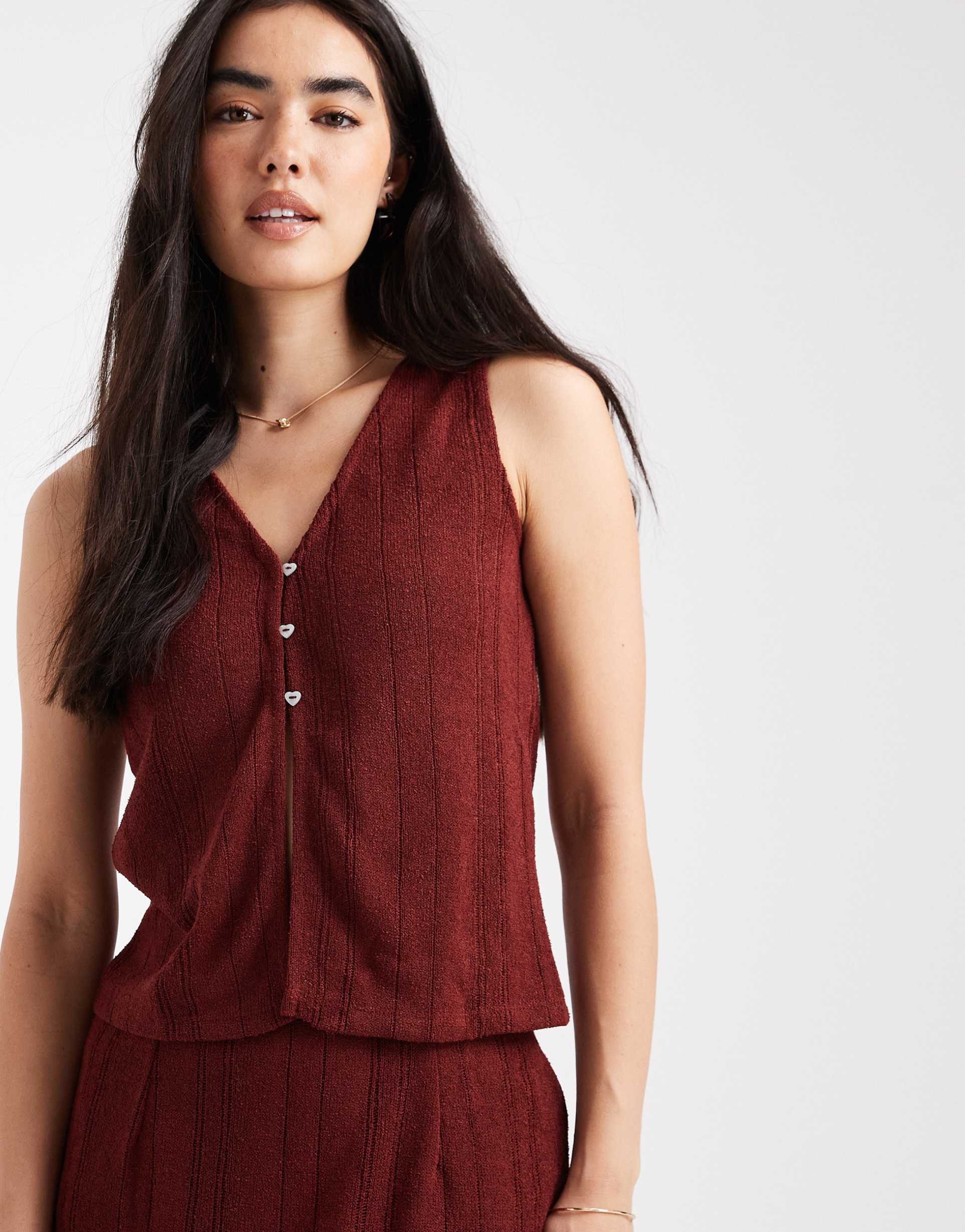 vero moda self-stripe knit sleeveless top in burgundy - part of a set
