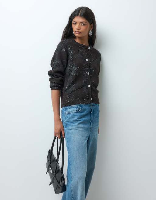 Vero Moda sequin embellished cardigan in chocolate brown, 2 of 5