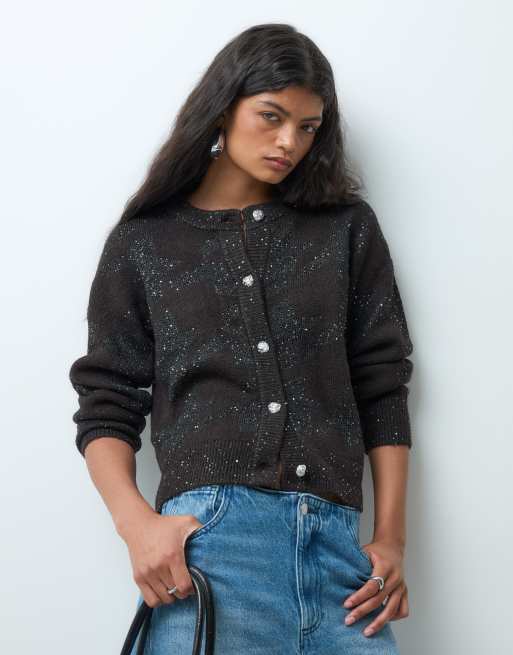 Vero Moda sequin embellished cardigan in chocolate brown, 4 of 5