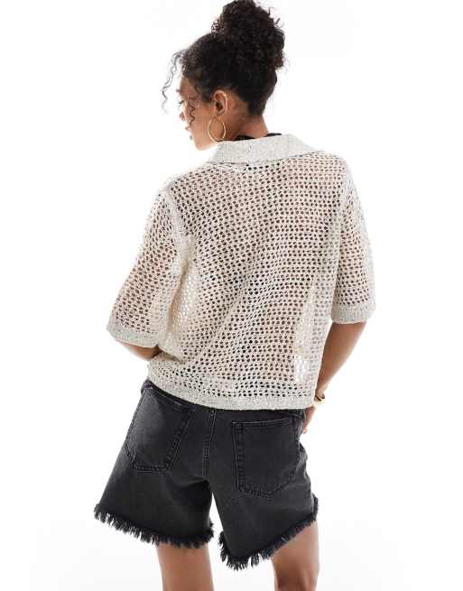 Vero Moda sequin open knit beach shirt in birch, 2 of 4