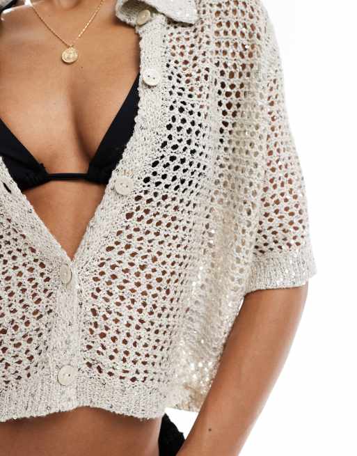 Vero Moda sequin open knit beach shirt in birch, 4 of 4