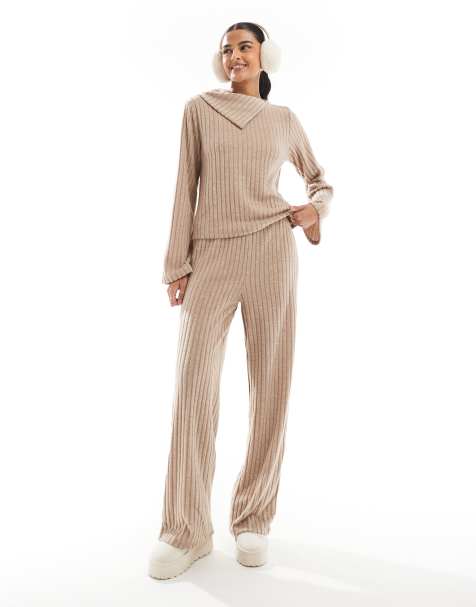 Vero Moda – Set aus geripptem Jersey in Beige mit Oberteil mit Umschlag und Hose mit weitem Bein - view 1